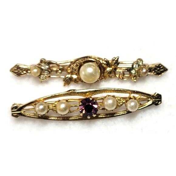 Vintage Victorian Style Bar Brooch Pin 2 Pc Lot Faux Pearls Purple Rhinestone - Picture 2 of 5